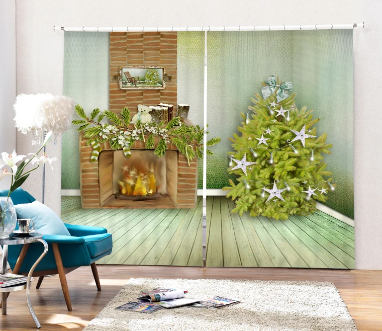 Christmas tree and fireplace 3d Digital Printing Stereo Cutoff Curtains