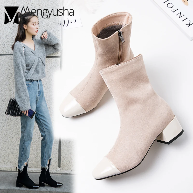 

New Women patent leather sock booties stretch thick heels slim leg short botas large size 44 winter ankle boots shoes women 2019
