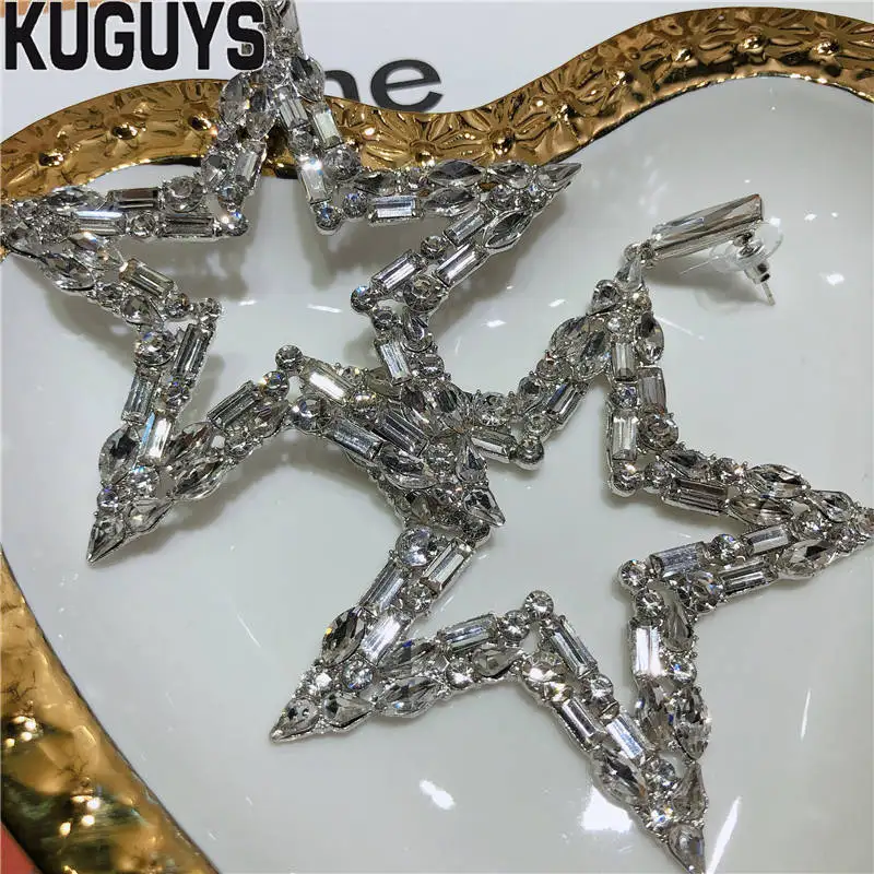 KUGUYS Серебряные Кристаллы большие звезды серьги для женщин модные ювелирные изделия Гипербола гигантский звездопад вечерние свадебные аксессуары
