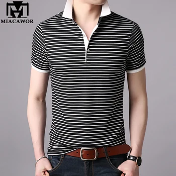 

MIACAWOR 2019 New Summer Men Polo shirts Fashion Striped Men Short-sleeve Camisas Casual Men Tops Tees T701