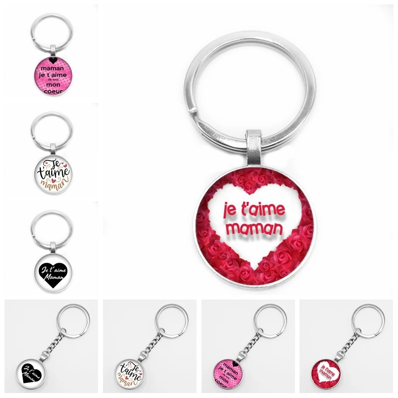 

Hot! New Hot Round Glass Convex Keyring French Je T'aime Papa Et Maman Pattern Glass Dome Car Keychain Jewelry