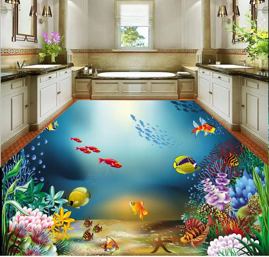 Bathroom underwater world 3D floor murals 3d wallpaper pvc