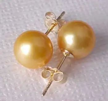 

free shipping>>>>noble jewelry AAA 8-9 mm natural Freshwater gold pearl earrings 14K yellow gold