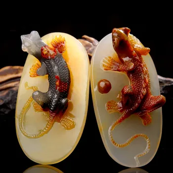 

1PC/Natural yellow dragon stone carving lizard pendant hang a necklace hanging string jewelry box