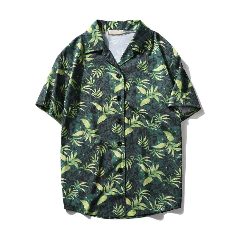 Мужская рубашка с коротким рукавом и отложным воротником с принтом листьев Летняя мужская рубашка