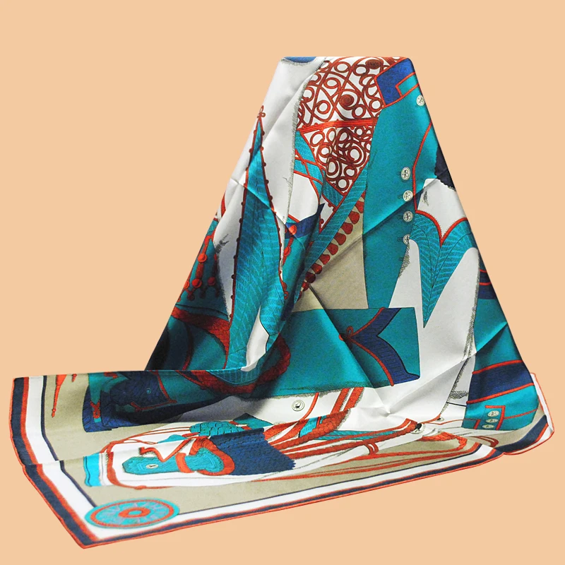 

HuaJun 2 Store|| Cool "Zouaves et Dragons" Series Blue 90 Silk Square Twill Print Scarf Hand Curled