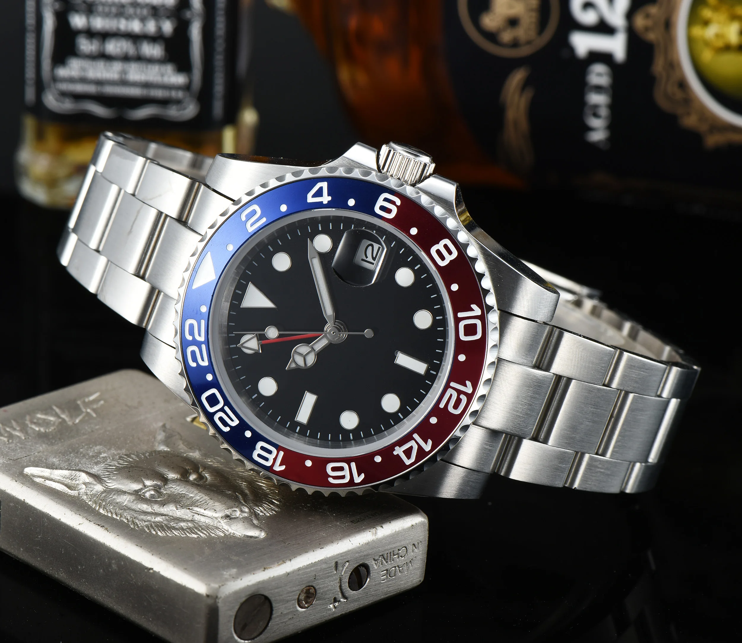 GMT часы 2019 подарок 40 мм черный циферблат светящийся знак стальной ремешок