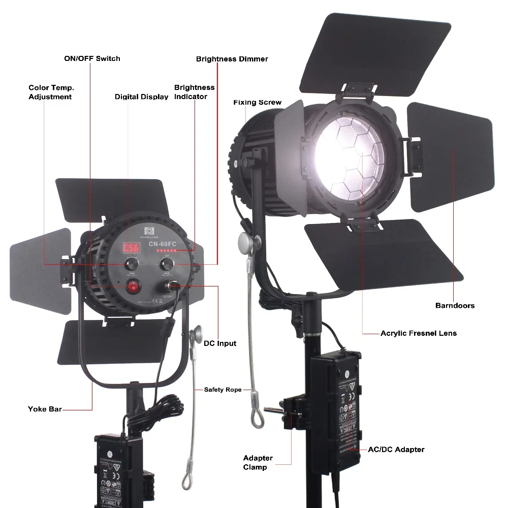 CN-60FC 60 Вт двухцветный светодиодный прожектор с линзой Френеля Свет RA95 3200K-5600 Светодиодный прожектор с регулятор яркости освещения+ DMX512+ легкая сумка для студийной фото видео съемки