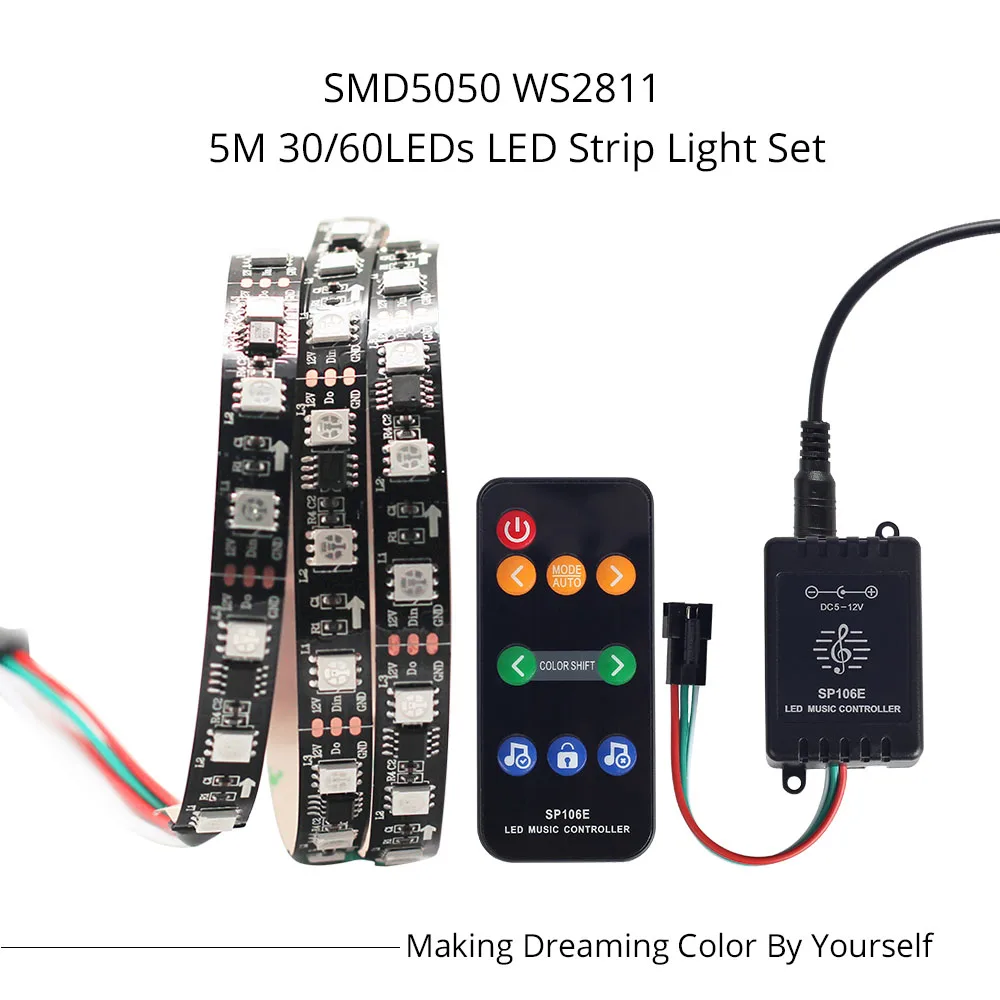 5 м WS2811 цифровая светодиодная лента 12 в цвет мечты 30 светодиодный s/60 светодиодный s RGB светодиодный пиксельный светильник с RF музыкальным контроллером адаптер питания