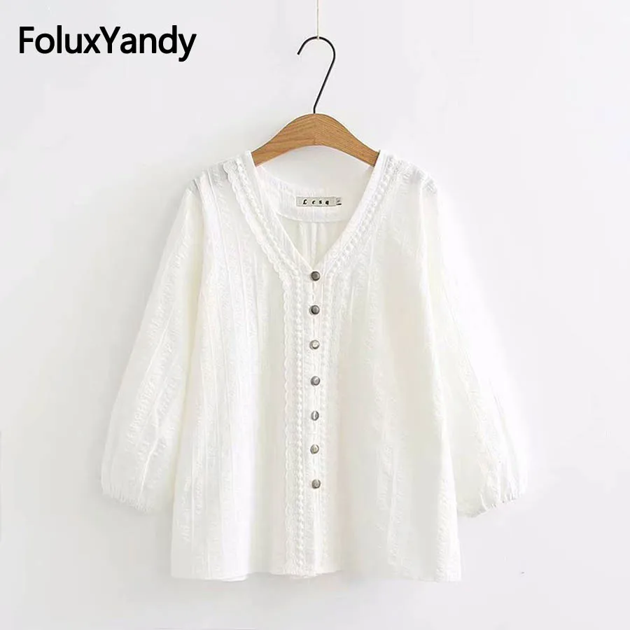 

V-neck Women Blouse Plus Size 3XL 4XL White Shirts Loose Three Quarter Sleeve Blouse Shirt KKFY2362