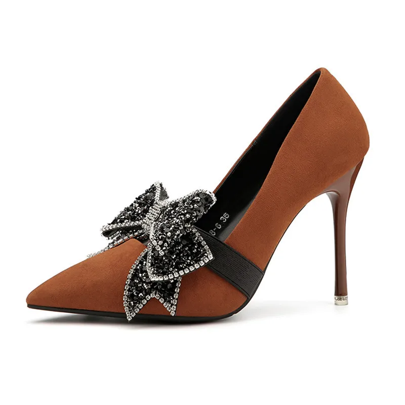Bowtie Mode Party Talons Femmes Club Automne De Printemps Pompes gris Luxe Strass Chaussures Noir Mariage Nouveau Affluent 2018 marron Feiyitu Hauts rouge ET0wnqa47Z
