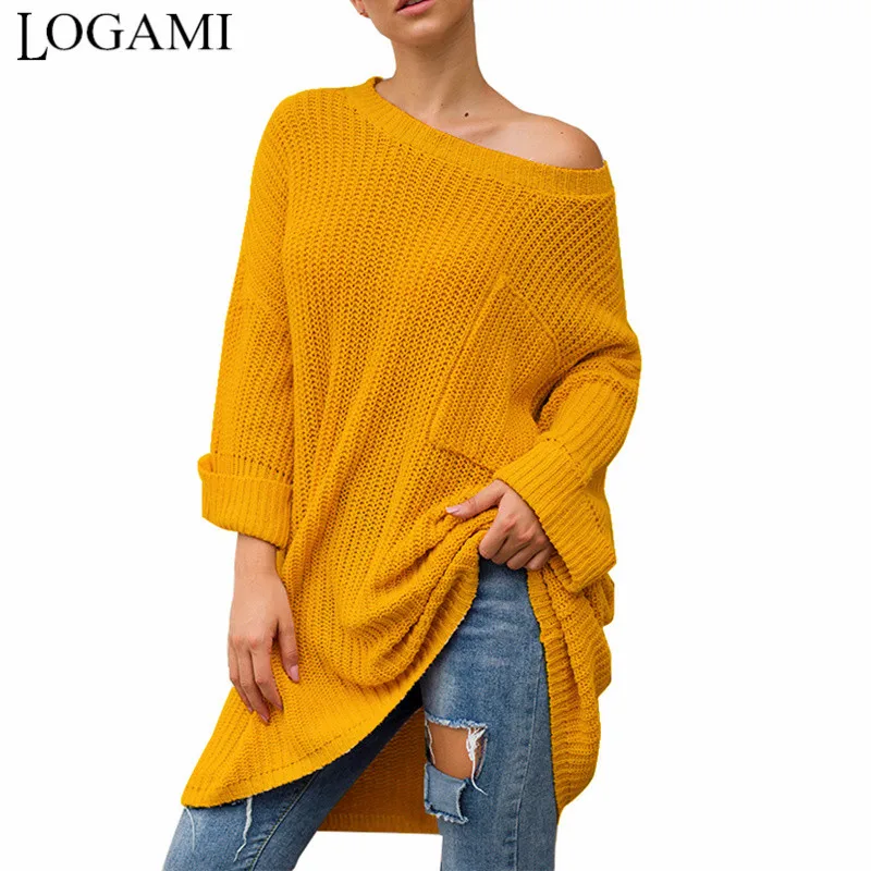 

LOGAMI Long Knitted Pocket Sweater Women Pullovers 2019 Autumn Winter O Neck Sexy Loose Sweater Ladies Jumper Yellow Black