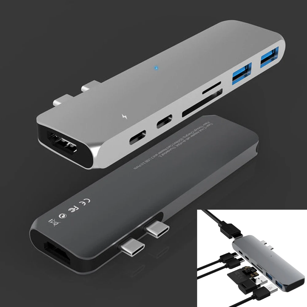 

7in1 Dual Type-C Adapter to HDMI USB 3.0*2 Type-C Port*2 SD TF Card Reader Aluminum for MacBook Pro 2016 2017
