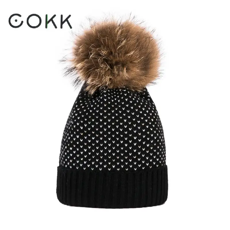 COKK, шапка с натуральным мехом и помпоном, женская зимняя вязаная шапка, шерстяные шапки для женщин, помпоны, вязаная Лыжная шапка для девочек, женская шапка