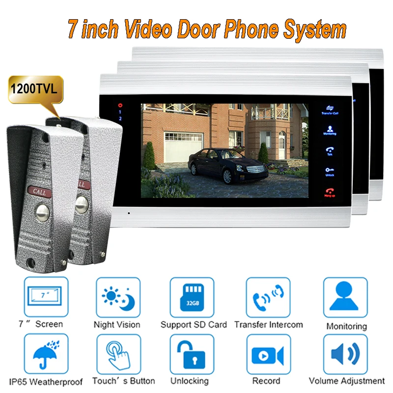 

New 7 inch 1200TVL Video Door Phone Doorbell Intercom system With IP65 Camera DoorPhone 2V3