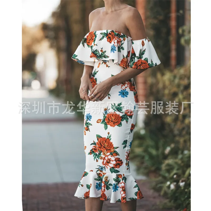 

Sexy Off the Shoulder Party Dress 2018 Flower Print Casual Trumpet Sheath Mid-Calf Slash Neck New Arrival Boho Dress