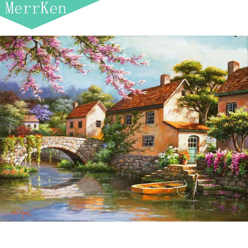 

MerrKen DIY Digital painting The water town Linen Propylene Harmless green pigment Home decoration painting