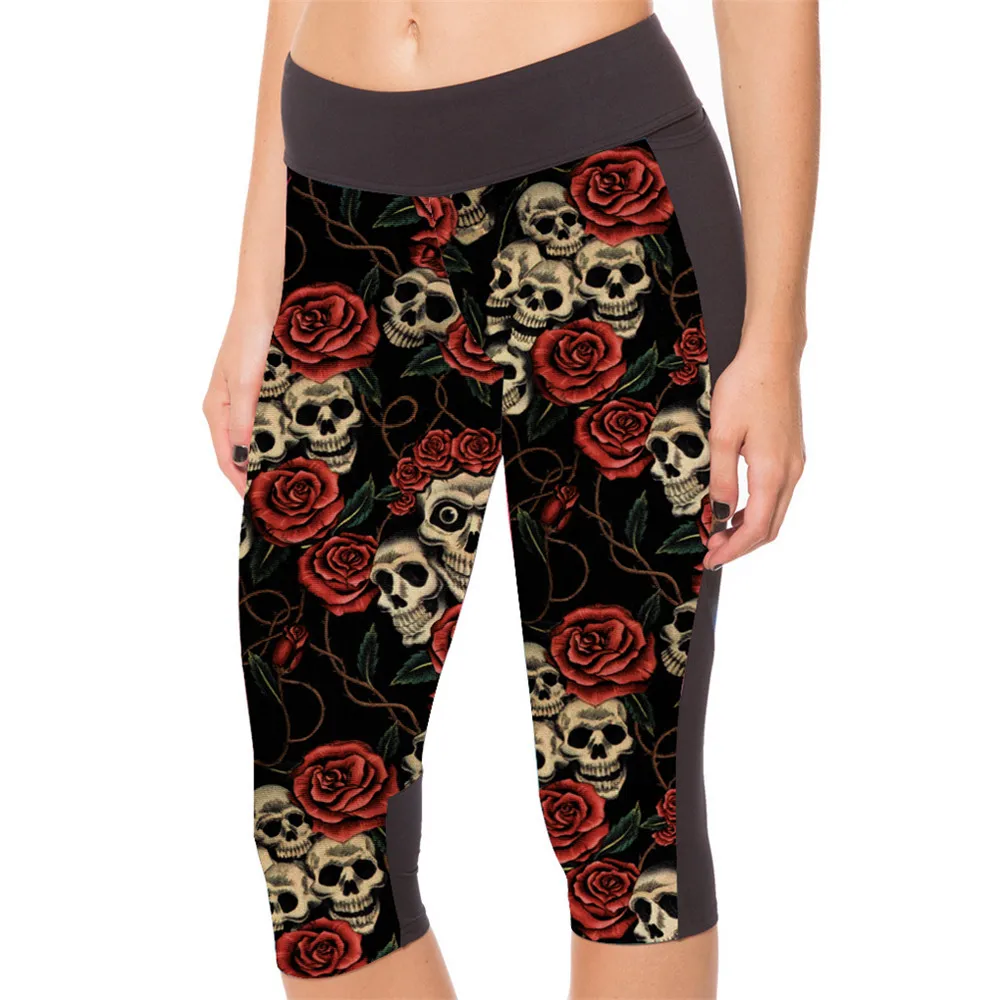 

Fashion SEXY Hot Women's 7 point pants women legging Black big red skull digital print women high waist Side pocket phone pant