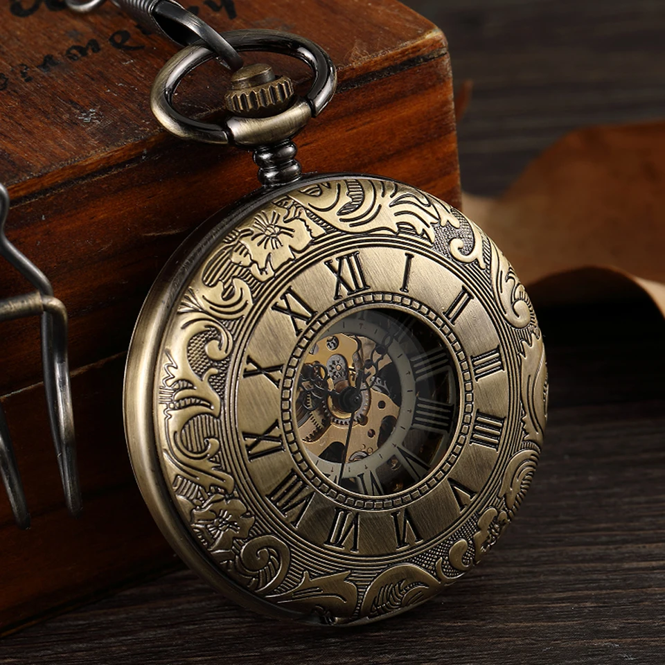 Dupla Face Mecânica Pocket Ver Homens Oco Steampunk Esqueleto Mão Vento Vintage Pocket & Fob Relógio Masculino Relógio Cintura Cadeia