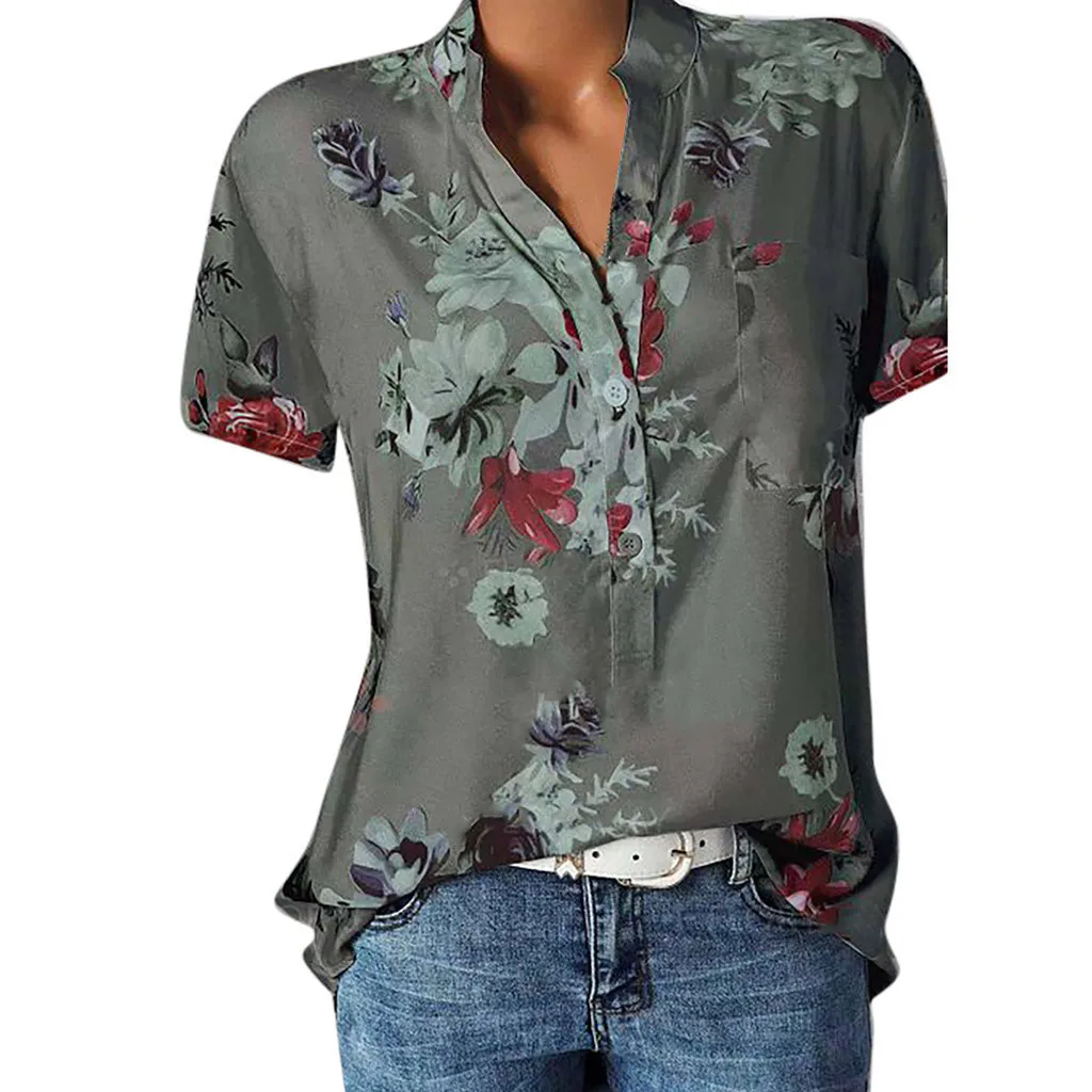 Женская блузка с принтом и карманами размера плюс, блуза с коротким рукавом, легкая футболка, Женские топы и блузки, blusas mujer de moda, новинка