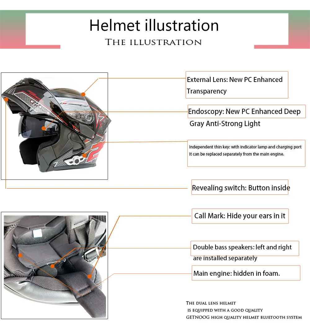 Мотоциклетный шлем мотоциклетный Bluetooth шлем дорожный гоночный шлем флип звук качество радио в режиме ожидания 30 дней Срок службы батареи 88 h