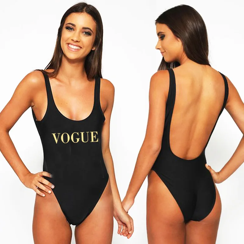 

VOGUE Sexy Swimwear Women 2018 New Letter Print One Piece Swimsuit Summer Bodysuit High Cut Low Back Bathing Suit Plus Size Red