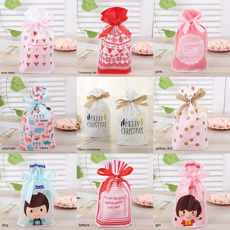 Wedding Decor Birthday Party Supplies Drawstring Bags Plastic Gift Package Cookie Snack Candy Bag Ribbons Food Biscuits Pouch