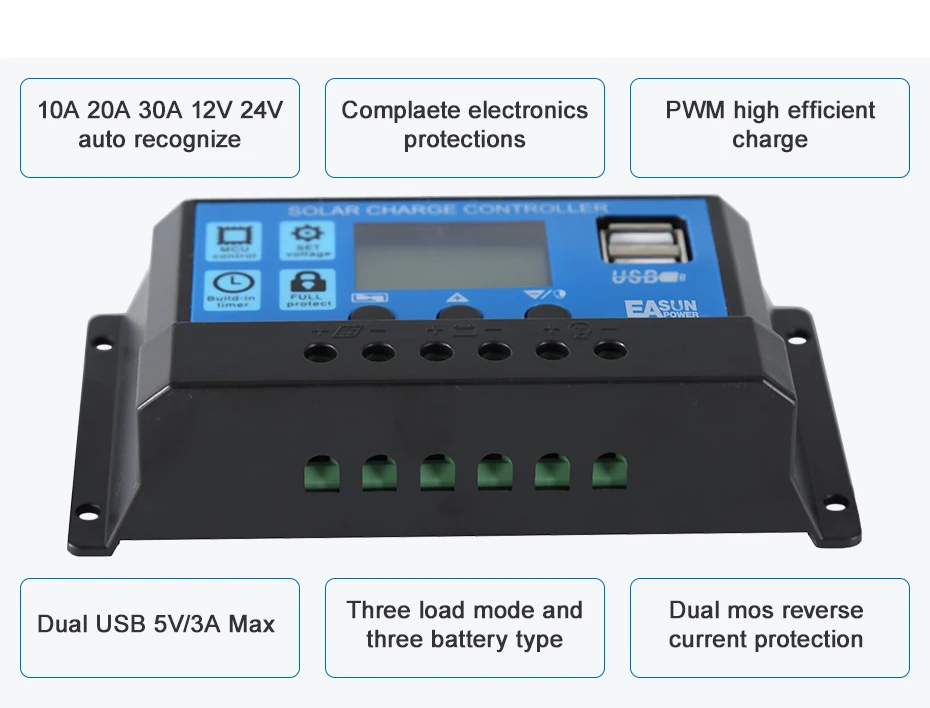 Solar Controller 12V 24V 30A 20A 10A Solar Regulator charging PWM Solar Panel Battery Charger LCD Display Dual USB 5V Output_06