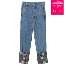 Новые модные женские высококачественные повседневные джинсовые хлопковые кружевные женские джинсы с цветочным принтом Q034