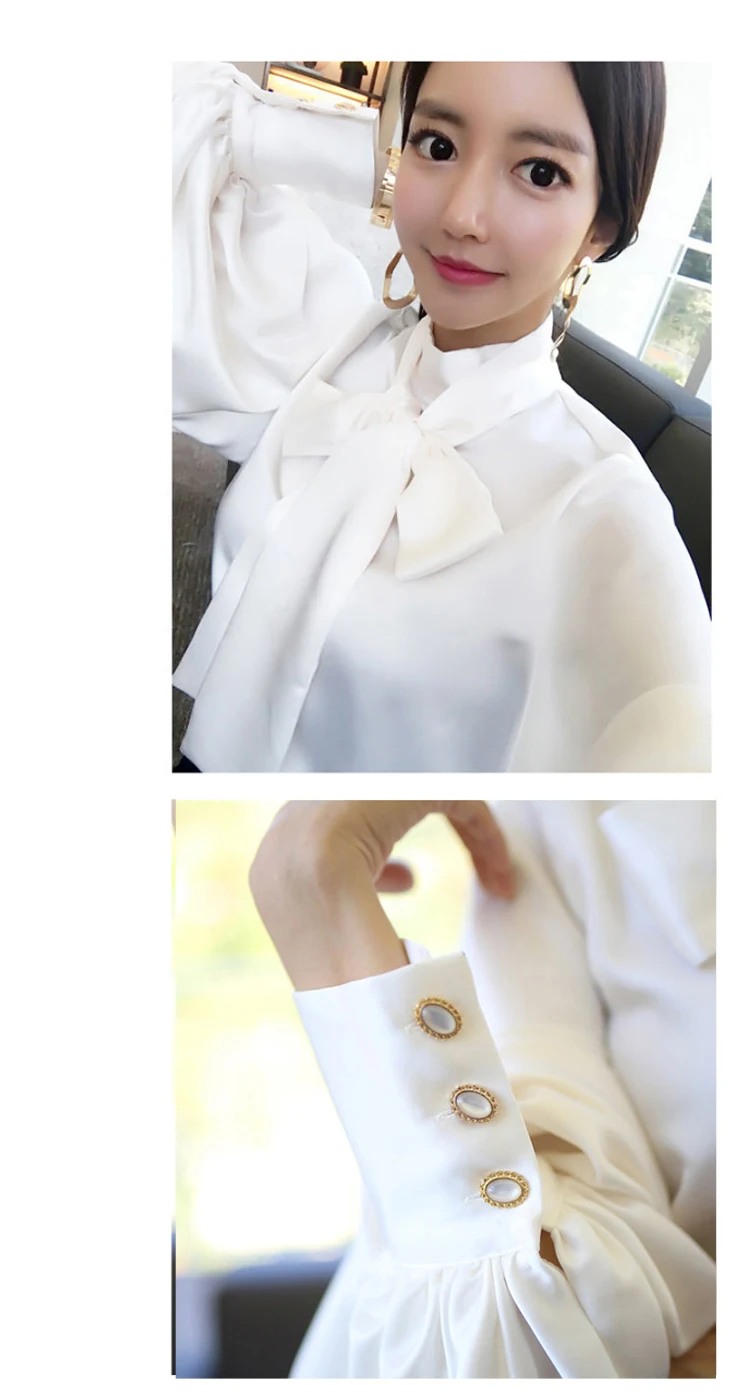Весенняя женская блузка в Корейском стиле, Офисная Женская белая шифоновая рубашка с длинным рукавом-фонариком и бантом, Повседневная Свободная блузка со стоячим воротником T81239A