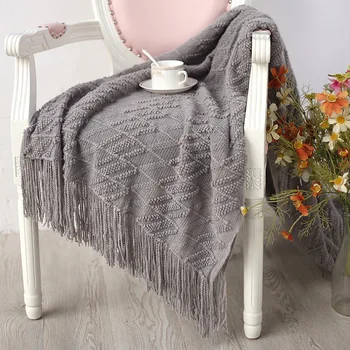 

Plaid Home Decoration Nordic Knitted Blanket Throw with Tassel Portable Car Air Conditioner Blanket Cashmere-Like Bed Sofa Cover