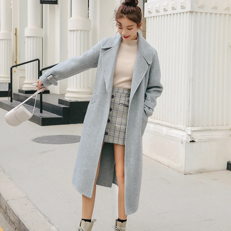 

2019 Women Pure Wool Coats Long Warm Alpaca Jackets Casual Autumn Winter Outerwear With Belt Pockets Ladies Woolen Overcoat