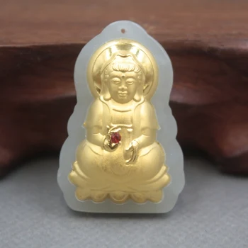 

New 24K Yellow Gold Natural Jadeite Jade Women Men Kwan-Yin Bless Pendant 36x25mm