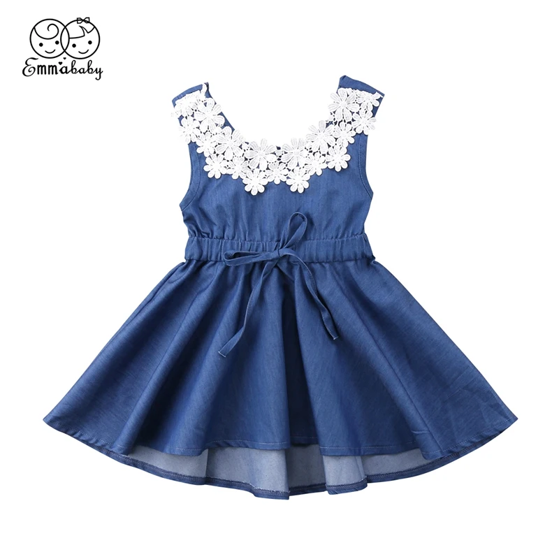 

Adorable Toddler Kids Baby Girls Lace Floral Patchwork Denim Princess Party Dress Sundress 1-6T
