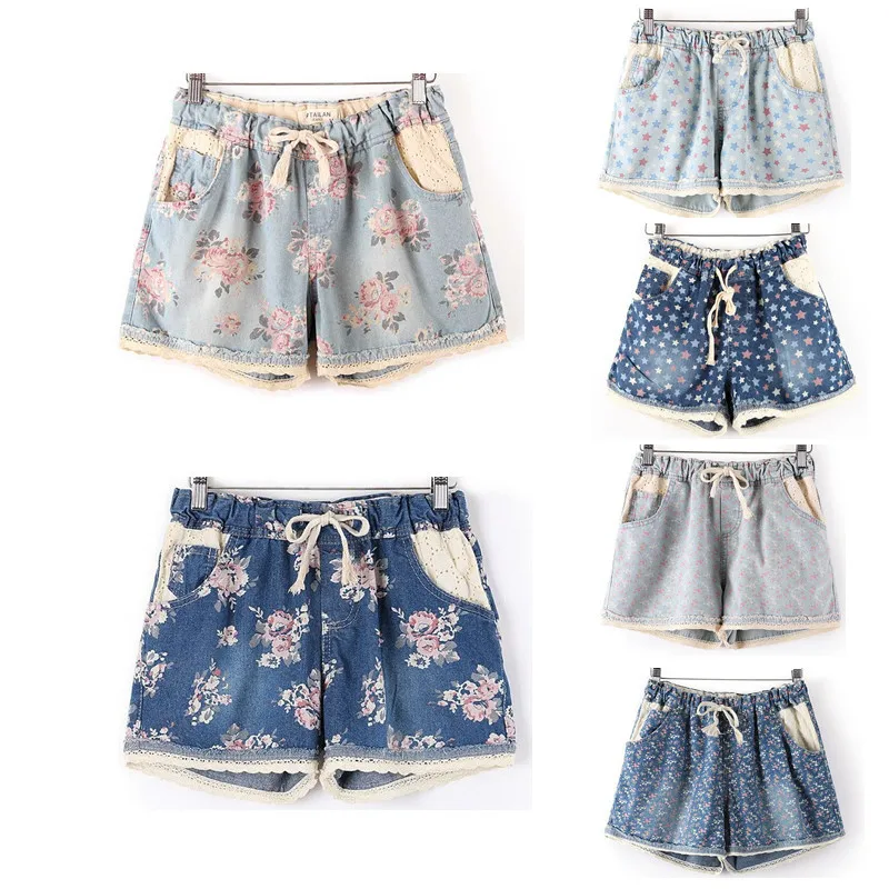 

Summer Style 2019 Women Casual Denim Shorts With Elastic High Waist Floral Star Printed For Crop Top