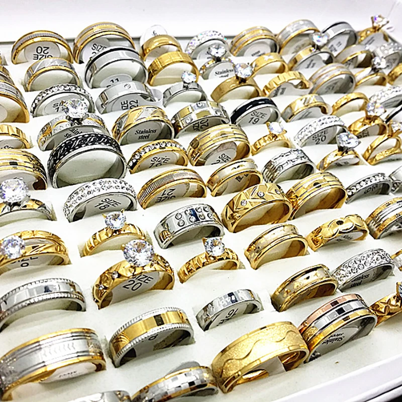 Wholesale 30pcs women's ring set men's unisex big rhinestone zircon engagement gold silver stainless steel jewelry for wedding