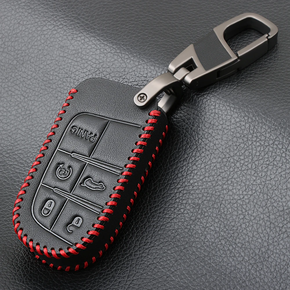 

Genuine Leather Car Smart Key Case Cover For Dodge Ram 1500 Journey Charger Dart Challenger Durango For Fiat Jeep Key Ring Shell