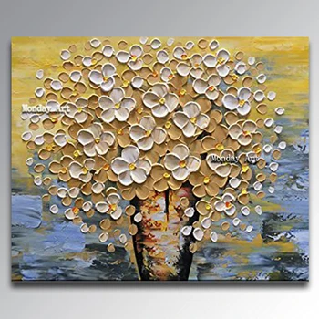 

Hand painted Abstract golden money flower Paintings white Flower Oil Hand Painting On Canvas wall art picture for living room