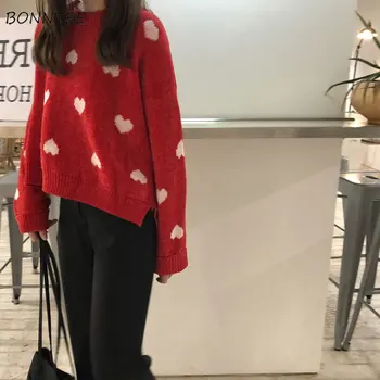 

Pullovers Women Heart Printed O-Neck Soft Simple All-match Thicker Warm Sweet Daily Pullover Womens Kawaii High Quality Tops