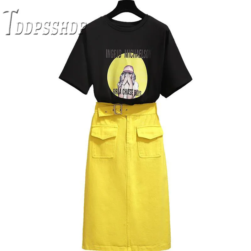 Summer Women Sets Black T Shirt and Yellow Skirt Female Sets