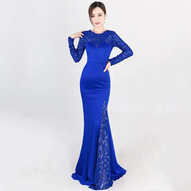 Us 34 52 55 Off Royal Blue Geometric Sequined O Neck Long Sleeve Floor Length Mermaid Nightclub Party Sexy Bodycon Dress Elegant Dresses 2018 In