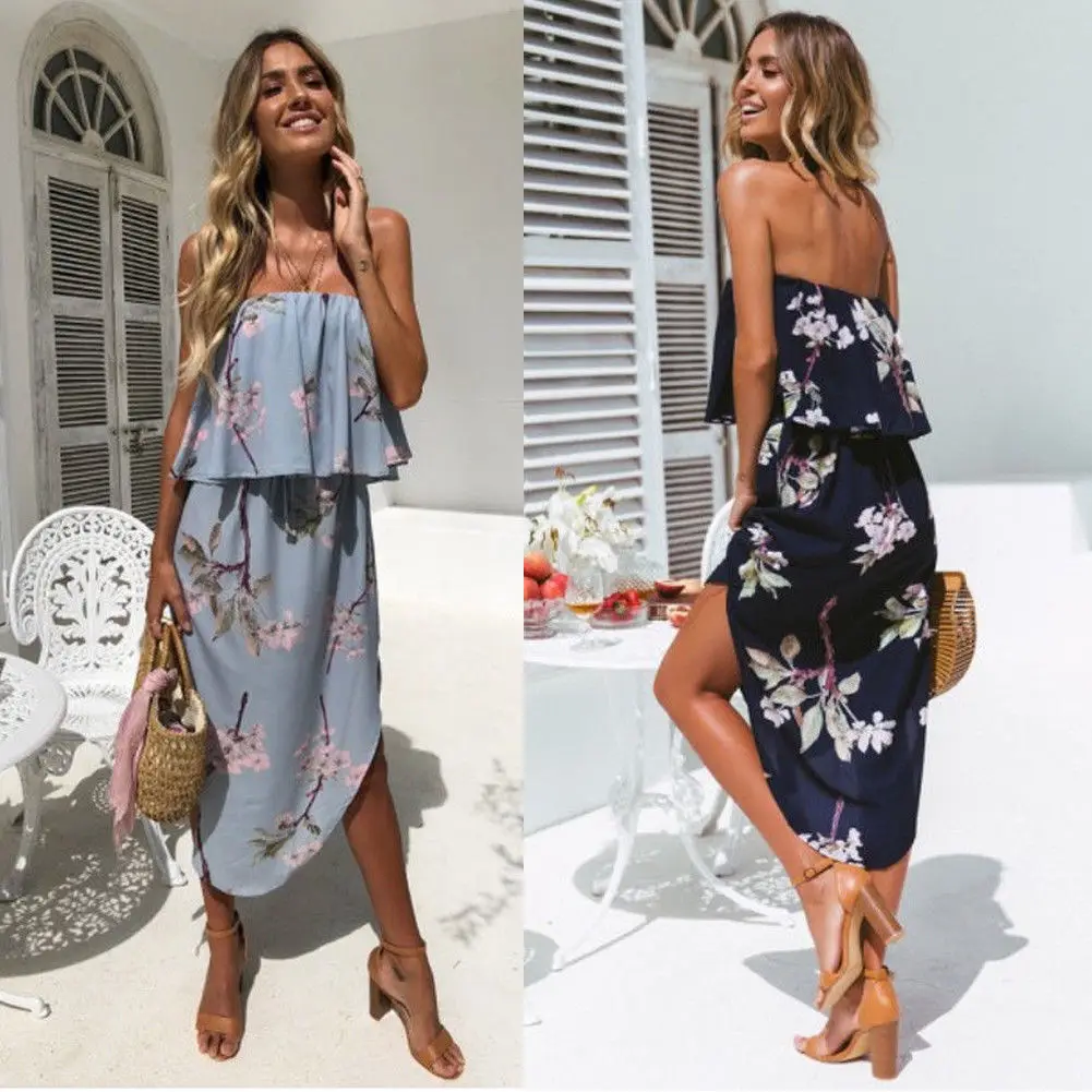 

Women Boho Long Dress Ladies Party Evening Summer Beach Sundress Strap Floral Bohemian Beach Dress Fashion