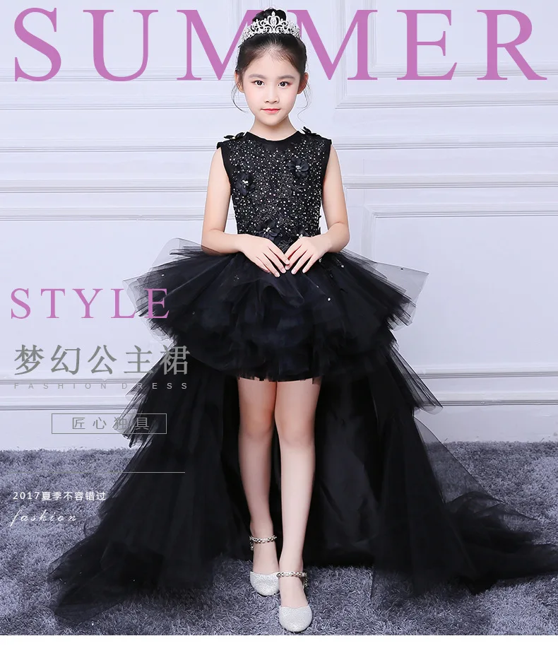 Evening Black Dress Model Walk Show Princess Children Evening Black Dress Model Walk Show Princess Children Drag Tail Wedding Piano Performance Flower Boy Host