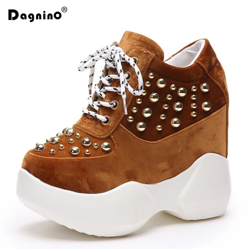 Spring Autumn Black Hidden Wedge Heels Casual Shoes Woman Rivet Platform Shoes Elevator 11.5CM