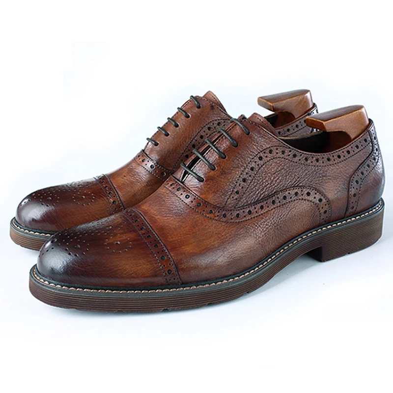 Дизайн круглый носок Мужская официальная одежда туфли в ретро-стиле из натуральной кожи полу Броги мужские оксфорды ручной работы обувь на платформе BGQ185