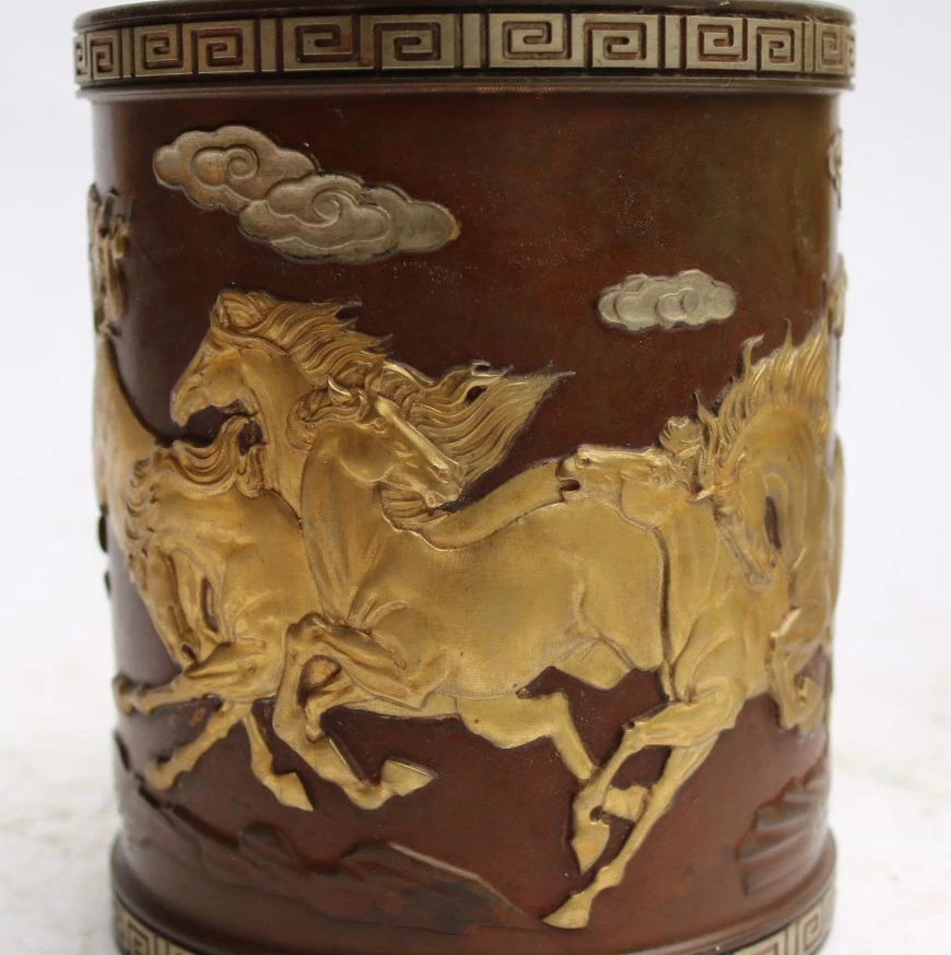 Chinese Purple Bronze Gild 8 Running Horse Horses Brush Pot pencil Holder vasein Statues