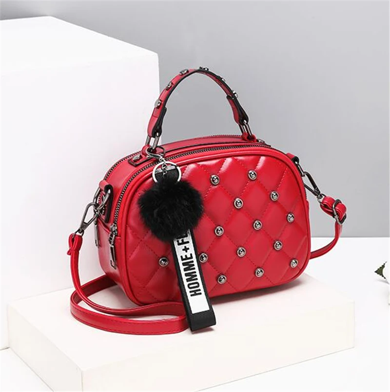 Trendy Rivet Plaid Bag for Women Brand Design Small Crossbody Bags with Hairy Ball Girls Mini PU Leather Handbags Phone Purse