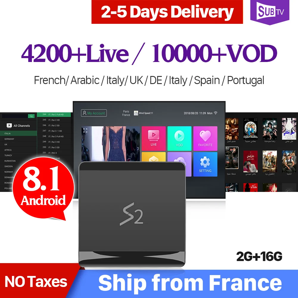 

4K SUBTV Box IPTV France Leadcool S2 Android 8.1 2G 16G with 1 Year IPTV Code French Belgium Spain Canada Arabic IP TV France