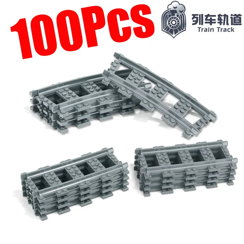 

100Pcs/Lot City Trains Train Track Rail Straight Rails Curved Rails Figure Blocks Construction Toy For Children Compatible Legoe
