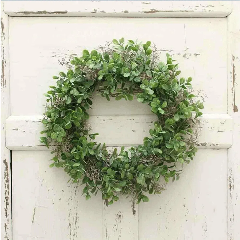 

40cm Artificial Wreath Vine Silk Green Leaf Wreath Front Door Decoration Hanging Wreaths for Wall Window Party Decor